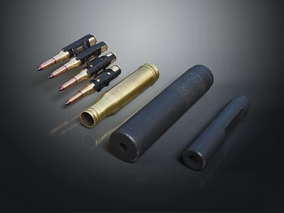 Different Types Of Weapon Components Including Bullets Shell Casings And Metal Barrels 3d model