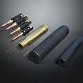 Different Types Of Weapon Components Including Bullets Shell Casings And Metal Barrels