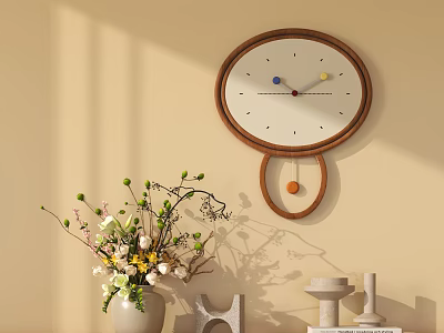 Wooden Wall Clock With Decorative Pendulum On Light Colored Wall Near Flower Arrangement And Decor Items 3d model