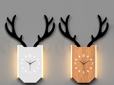 Antler Design Wall Lamps with Clock and Lighting in White and Wooden Styles 3d model