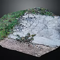 Natural Cracked Gray Stone Surface With Green Grass Small Plants Soil And Gravel