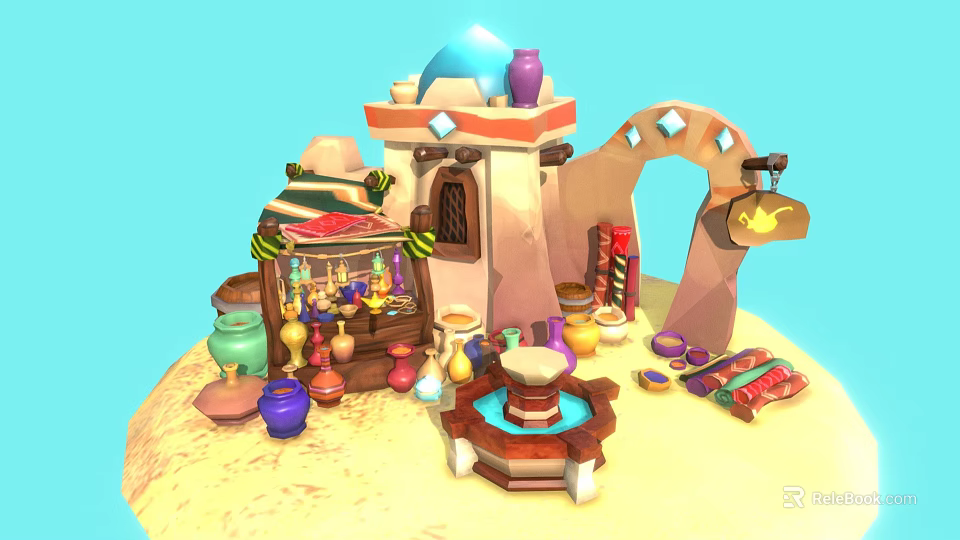 Cartoon Market Scene With Colorful Pottery Stall Arched Gateway And Small Fountain On Sandy Ground 3d model 