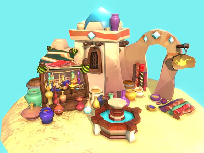Cartoon Market Scene With Colorful Pottery Stall Arched Gateway And Small Fountain On Sandy Ground 3d model