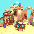 Cartoon Market Scene With Colorful Pottery Stall Arched Gateway And Small Fountain On Sandy Ground
