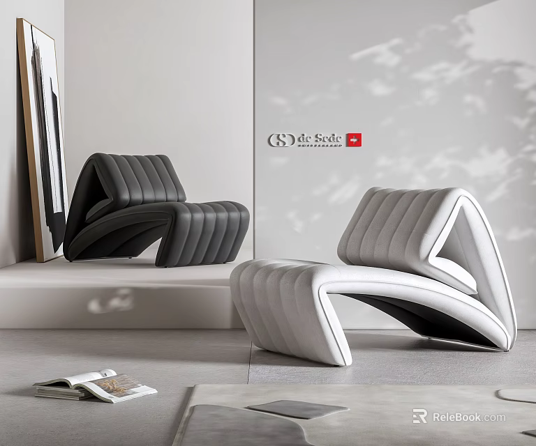 Modern Stylish Leather Leisure Chair With Curved Striped Design For Home Interior 3d model 