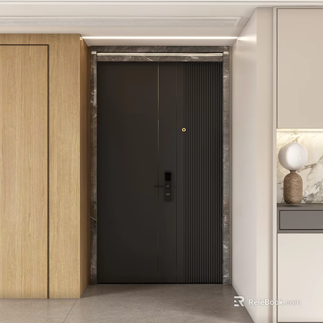 Sleek Modern Interior Featuring Black Double Door With Marble Frame And Wooden Wall 3d model 