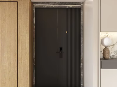 Sleek Modern Interior Featuring Black Double Door With Marble Frame And Wooden Wall 3d model