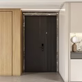 Sleek Modern Interior Featuring Black Double Door With Marble Frame And Wooden Wall