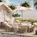 Charming Tropical Beach Cabin Scenery With Lush Palm Trees And Comfortable Seaside Outdoor Lounge