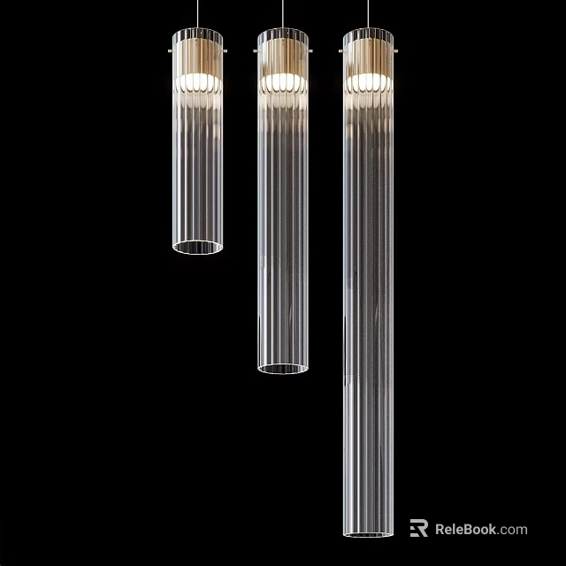 Modern Three Vertical Cylindrical Striped Glass Pendant Lights For Interior Design 3d model 