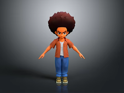 Man as 3D Character with Afro Hairstyle Orange Shirt Blue Jeans Green Shoes Gray Background 3d model