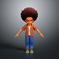 Man as 3D Character with Afro Hairstyle Orange Shirt Blue Jeans Green Shoes Gray Background