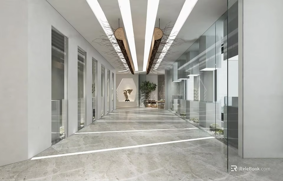 Modern Office Corridor With Glass Partitions Recessed Lighting And Marble Flooring 3d model 
