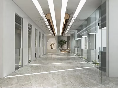 Modern Office Corridor With Glass Partitions Recessed Lighting And Marble Flooring 3d model