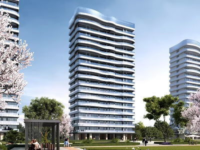 Three Modern High Rise Buildings Surrounded by Trees People and Green Landscape 3d model
