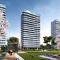 Three Modern High Rise Buildings Surrounded by Trees People and Green Landscape