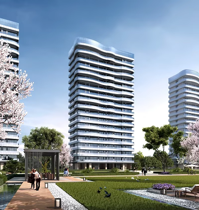 Three Modern High Rise Buildings Surrounded by Trees People and Green Landscape 3d model