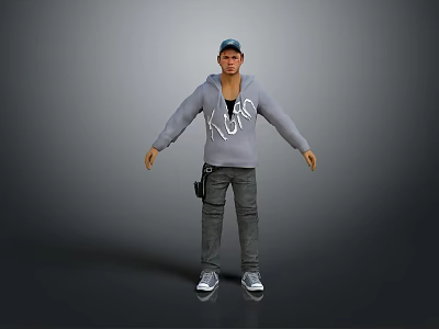 Game and Movie Character in Gray Hoodie With KUDO Lettering Blue Cap Jeans and Sneakers 3d model