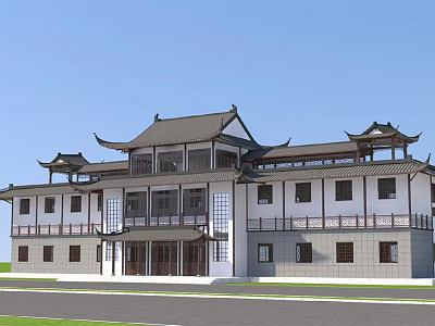 Traditional Chinese Style Tourist Center With White Walls Overhanging Eaves And Tile Roof 3d model