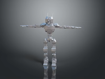 Silver Robot Character With Metallic Body Extended Arms Standing On Dark Background With Reflection 3d model