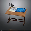 Wooden Drawing Table With Desk Lamp Blueprints And Pencil For Craft Workspace