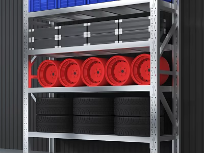 Metal Shelving Unit With Blue Storage Boxes Gray Containers Red Wheels And Black Tires 3d model