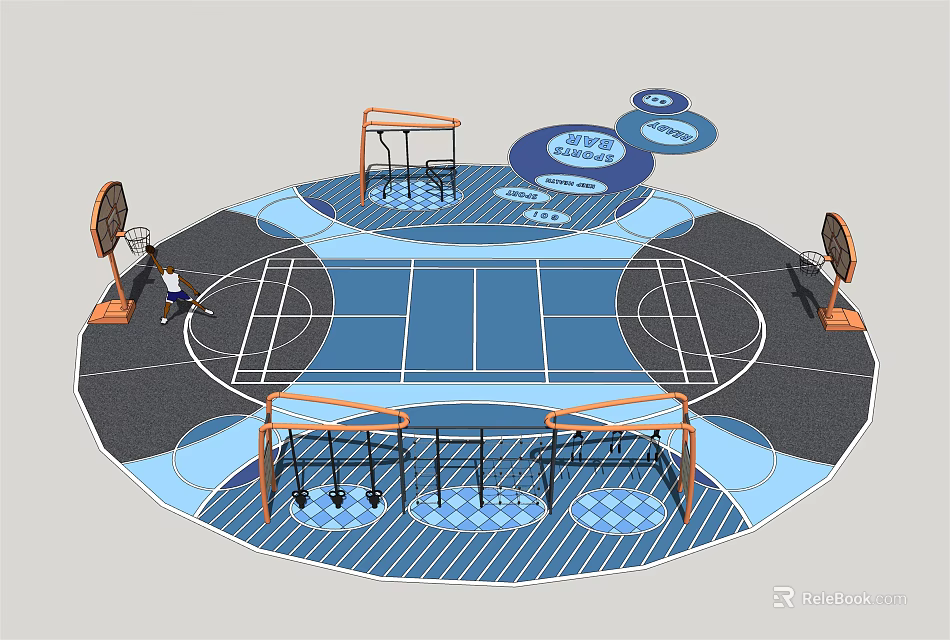 Modern Basketball Court Design With Multiple Hoops And Blue Surface Layout 3d model