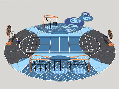 Modern Basketball Court Design With Multiple Hoops And Blue Surface Layout 3d model