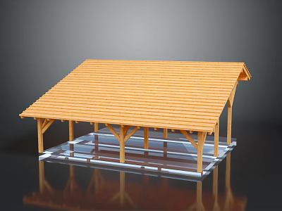 Simple Wooden Pavilion Structure With Sloped Roof And Transparent Base Design 3d model