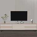 Modern Minimalist TV Stand With Flat Screen TV Decorative Vases Against Vertical Striped Wall