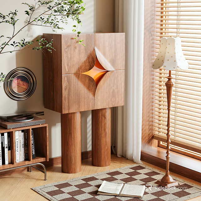 Walnut Wooden Entryway Cabinet And Side Cabinet With Modern Design Table Lamp And Green Plant 3d model 