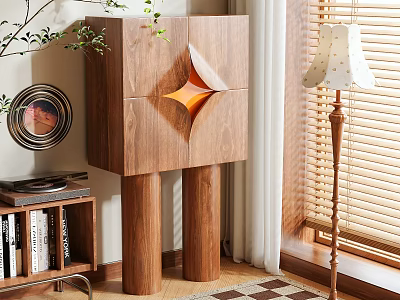 Walnut Wooden Entryway Cabinet And Side Cabinet With Modern Design Table Lamp And Green Plant 3d model