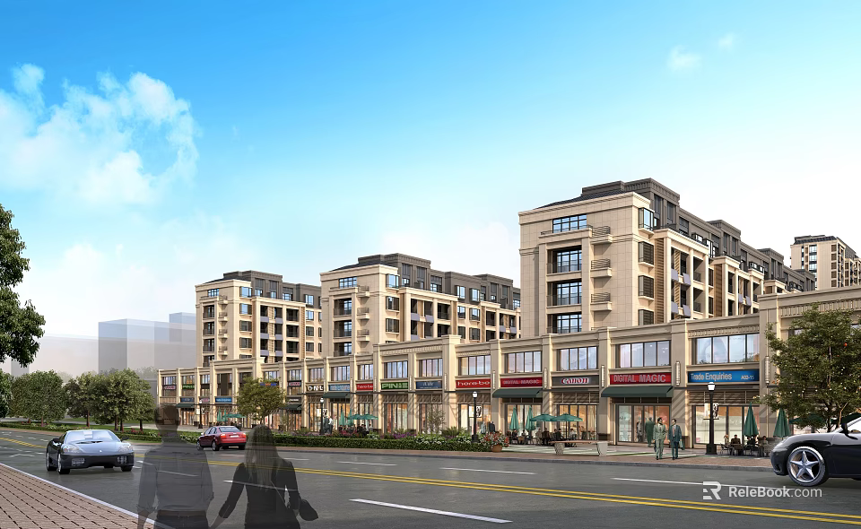 Bustling Modern Commercial Street Featuring Multi Story Buildings Storefronts Pedestrians And Trees 3d model 