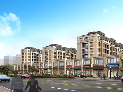 Bustling Modern Commercial Street Featuring Multi Story Buildings Storefronts Pedestrians And Trees 3d model