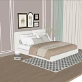 Modern Double Bed With White Pillows Green Cushions Brown Bedding Green Curtains And Checkered Rug