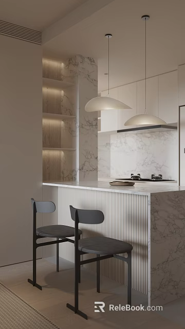 Elegant Modern Restaurant Interior With Marble Wall Island Counter Bar Stools And Pendant Lights 3d model 