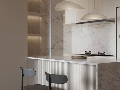 Elegant Modern Restaurant Interior With Marble Wall Island Counter Bar Stools And Pendant Lights 3d model
