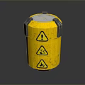 Yellow Cylindrical Container With Warning Signs And Gray Edges On Dark Background
