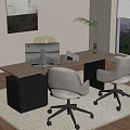 Modern Office Desk Setup With Two Chairs Computer Monitor Potted Plant And Window View