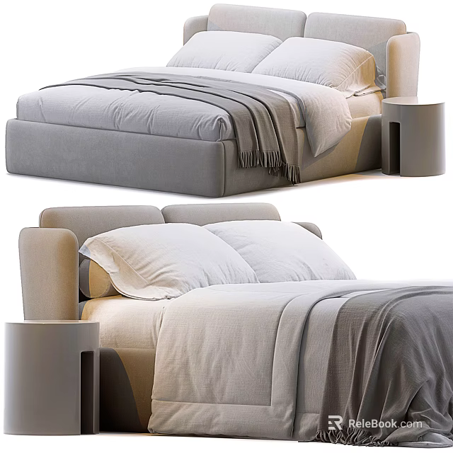 Elegant Modern Double Bed With Comfortable Bedding Pillows And Side Table 3d model 