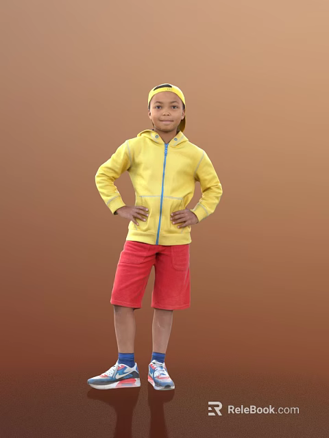 Man Wearing Yellow Hoodie And Red Shorts Standing Against Brown Background 3d model 