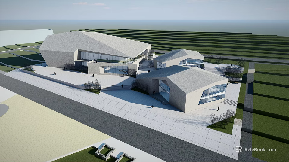 Modern Museum Building Architecture With Geometric Roof And Glass Facade Open Plaza 3d model 