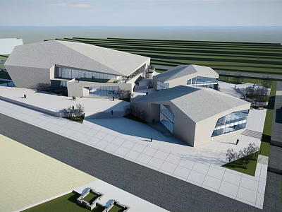 Modern Museum Building Architecture With Geometric Roof And Glass Facade Open Plaza 3d model