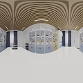 Modern Laboratory Interior With Blue Storage Cabinets Central Bench And Glass Door Cabinets
