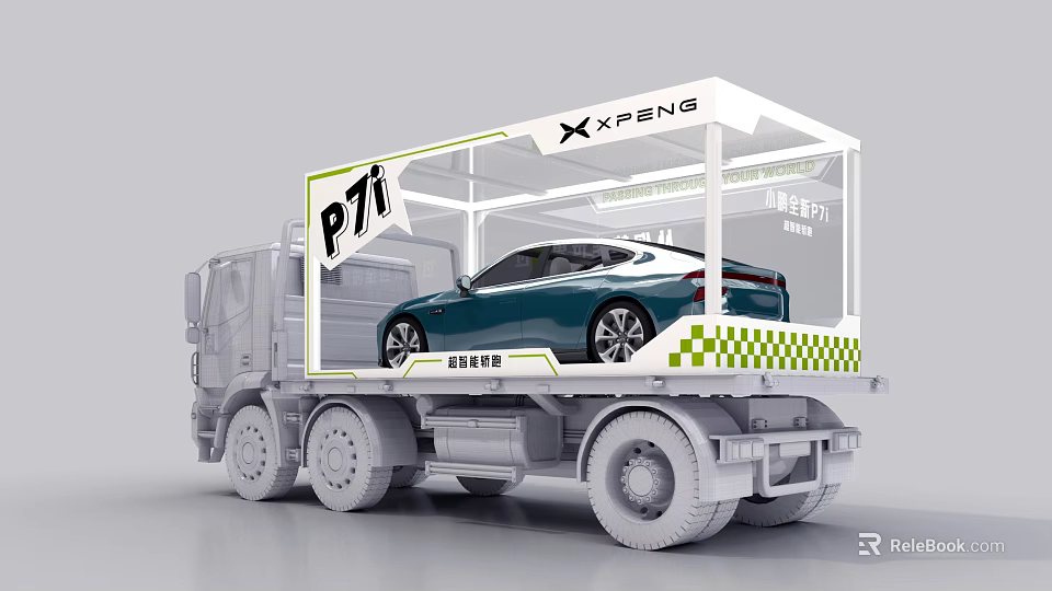 PTI XPSNG Truck Featuring Transparent Display Container Carrying Blue Car 3d model 