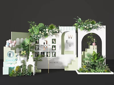 Elegant Wedding Decoration Setup With Greenery Arches Balloons Photo Wall And Steps 3d model