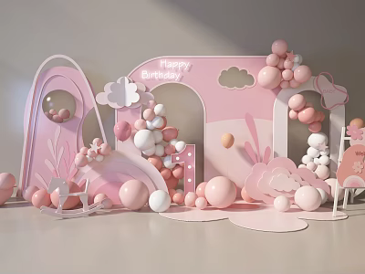 Pink Happy Birthday Party Decoration With Balloons Cloud Arch And Sign 3d model