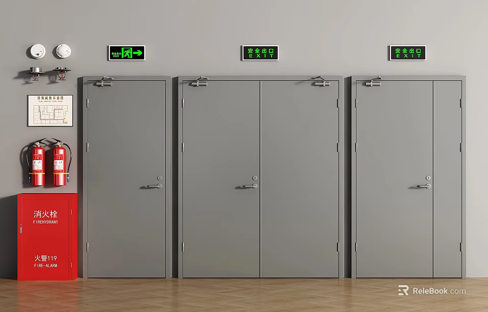 Gray Fire Doors With Red Extinguisher Cabinet And Green Indicator Lights 3d model 