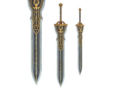 Three Decorative Swords With Intricate Blue And Gold Patterns In Various Sizes 3d model