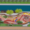 Children's Playground With Colorful Ground Design Circular Play Structures And Pink Cherry Blossom Trees